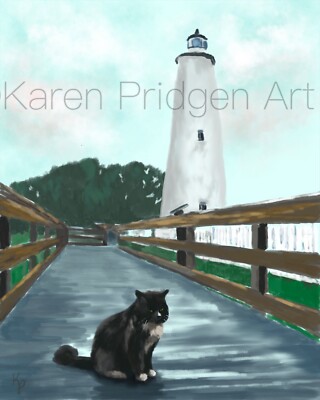 ACEO ATC Art Card Painting Print Signed Cat Cats Kitten Ocracoke Lighthouse