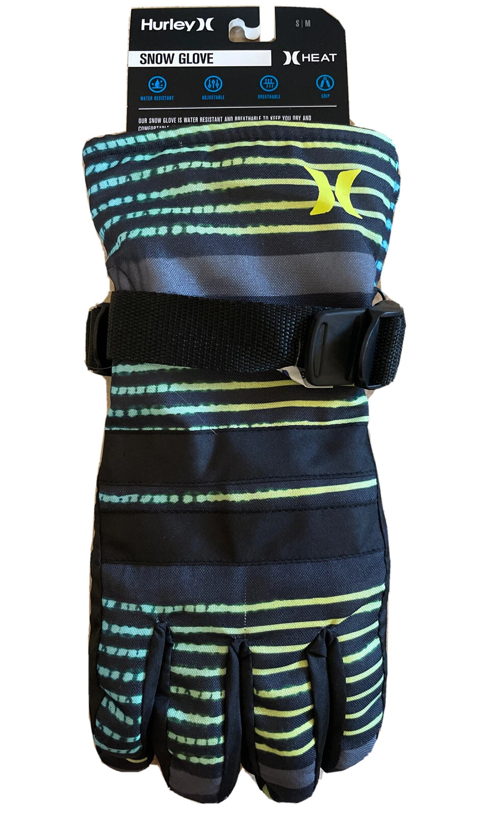 NWT HURLEY Heat Block, Water Resistant, Black w/Stripes Snow Gloves Size S/M ￼
