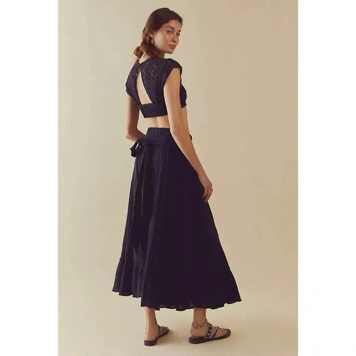 New Free People Epic Sunset Set Two Piece Skirt Set Crop Lace Linen Black Sz S - Picture 16 of 16