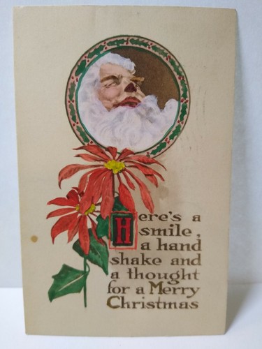 Santa Claus Face Poinsettias Christmas Postcard Gibson 1913 Waltham Mass Vintage - 第 2/3 張圖片
