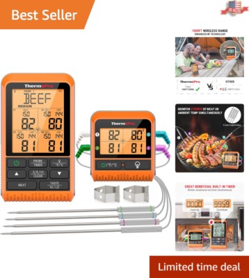 Four Probe LCD Meat Thermometer for Perfect BBQ & Smoker Cooking - 1000FT Range