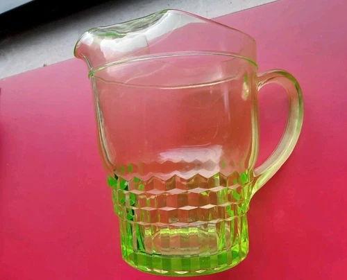 Uranium Glass Water Pitcher Depression Green Cube Windsor Anchor Hocking Heavy