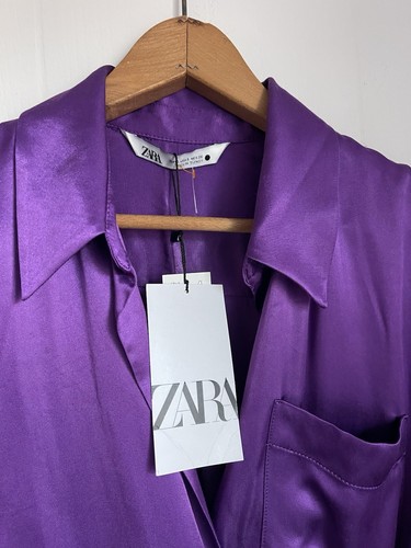 Zara Purple Satin Effect Wrap Shirt Dress NWT Sz Small Blogger Fav Silky Baddie - Picture 5 of 16