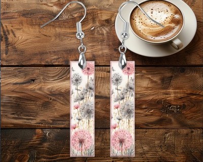 Pink and Gray Dandelion Earrings Print Wood Bar Printed Earrings Jewelry