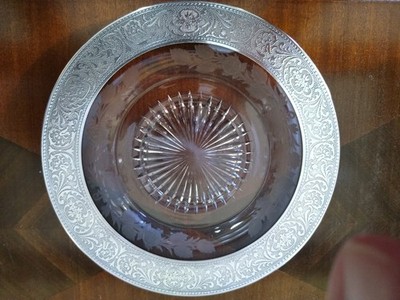 Antique Silver Overlay etched glass plate underliner 9 7/8''