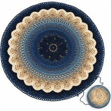 36 Round Crochet Table Cover Topper Blue Beige Unfinished With Yarn Handmade