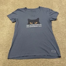 Life Is Good Shirt Womens Medium Blue Cat Crusher Pay Attention Ignoring Tee