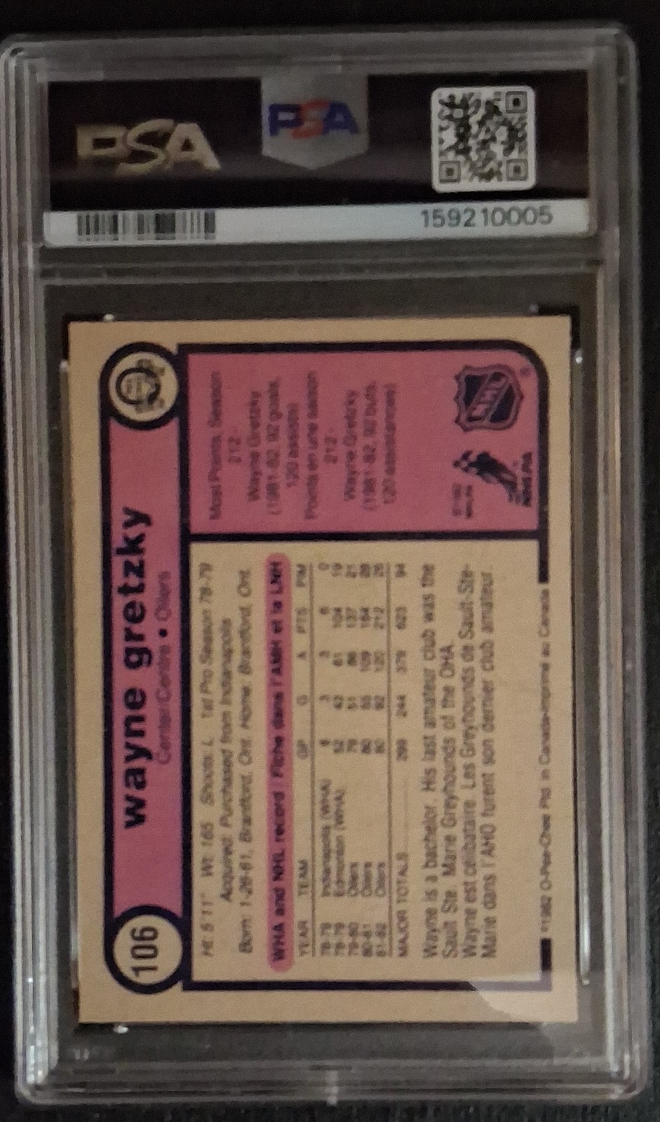 O-Pee-Chee 1982 Wayne Gretzky #106 Edmonton Oilers NHL Base Set PSA 7 view 2