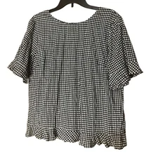Talbots Black White Checkered Plaid Gingham Blouse Mini Peplum Peasant - Size L