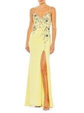 NWT, Mac Duggal Floral Beaded Column Gown in Buttercup Size 6 LD110