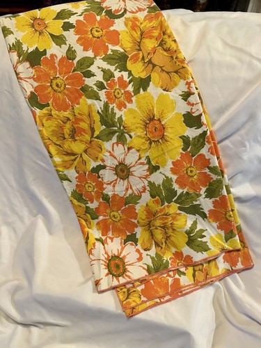 Vintage Tablecloth Orange Yellow Floral 48x44” Retro Kitchen Linen MCM