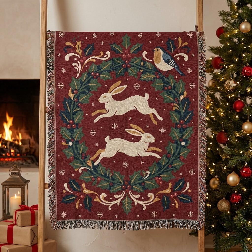 Yule Pattern Yule Hares Woven Cotton Blanket | Christmas Throw Wall Hanging | Folk ...