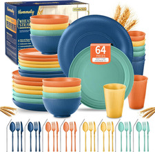 Wheat Straw Dinnerware Sets,64-Piece Plates and Bowls Sets for 8-Unbreakable,Reu