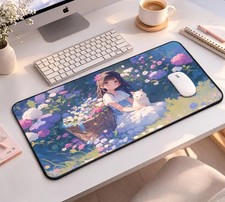 Anime Cat Desk Mat, Kawaii Floral Mouse Pad, Pastel Desk Mat, Cute Gamer Deskmat