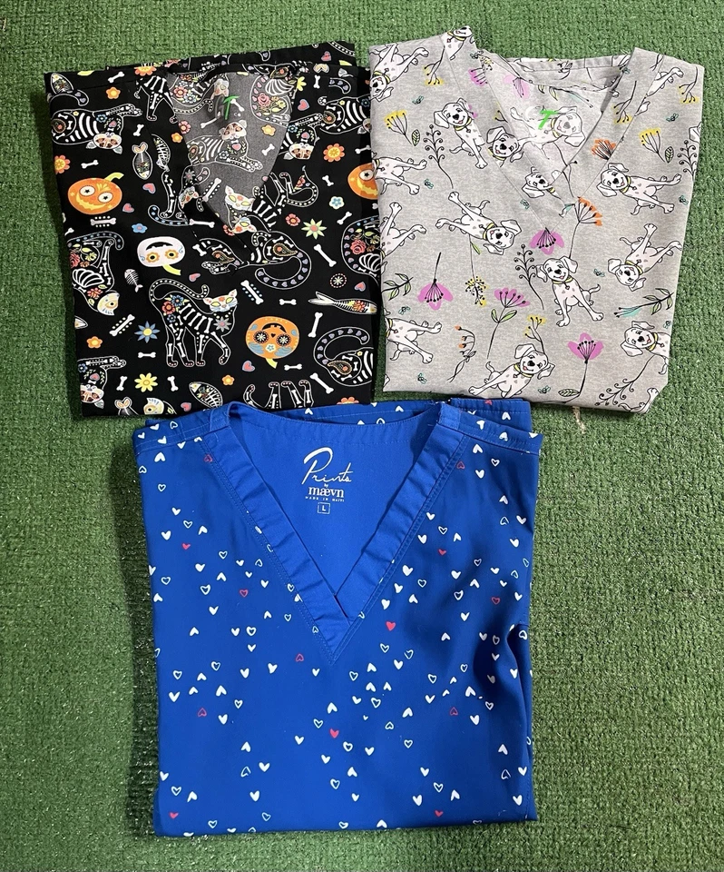 Lot Of 9 Medical/Nursing Scrub Tops Patterned Various Brands Women’s Size Large - Image 2 of 4