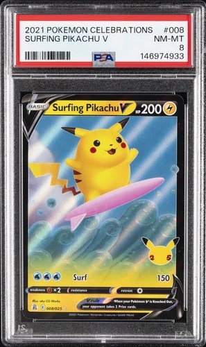 2021 POKEMON CELEBRATIONS #008 SURFING PIKACHU V PSA 8