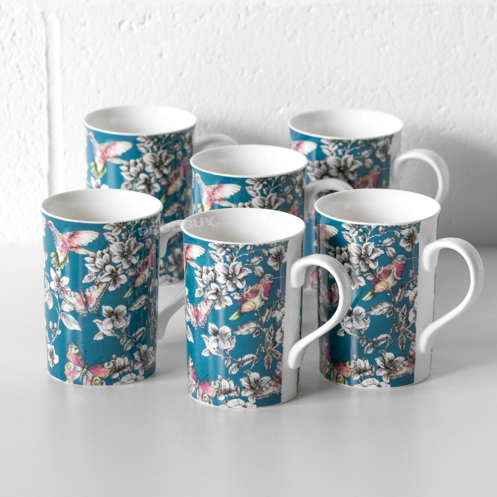 Set of 6 White & Blue Floral Hummingbird Coffee Mugs 300ml Fine China