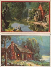 Pair Mill & Cottage Scenes Swap Cards. One Blank Back