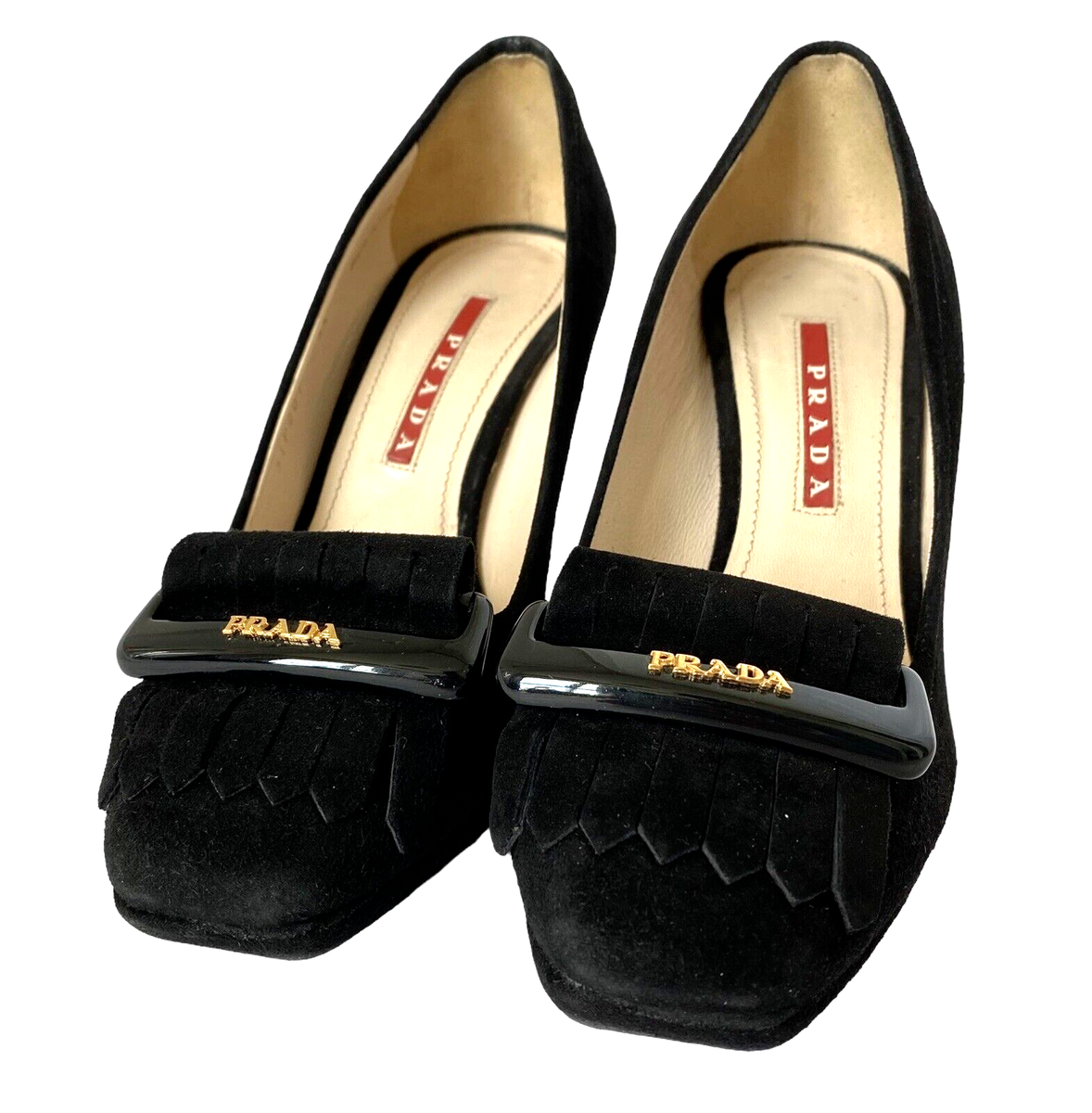 PRADA Black Suede Block Heel Pumps Logo Buckle & Fringe PRADA Black Suede Block Heel Pumps Logo Buckle & Fringe