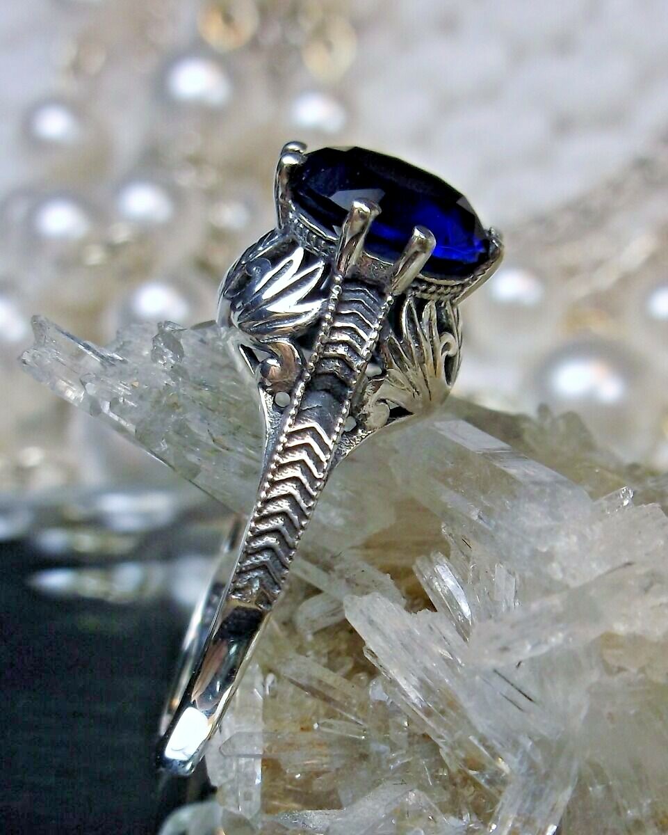 Blue Sapphire Ring, Simulated Gem, Sterling Silver Filigree D158