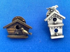 Lor of 2 JJ Pins Bird Houses Copper and Silver Tone 