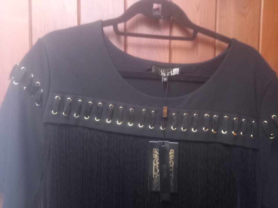 Biba Black Fringe Party Art Deco Dress Sexy Vintage Elegance Size 20