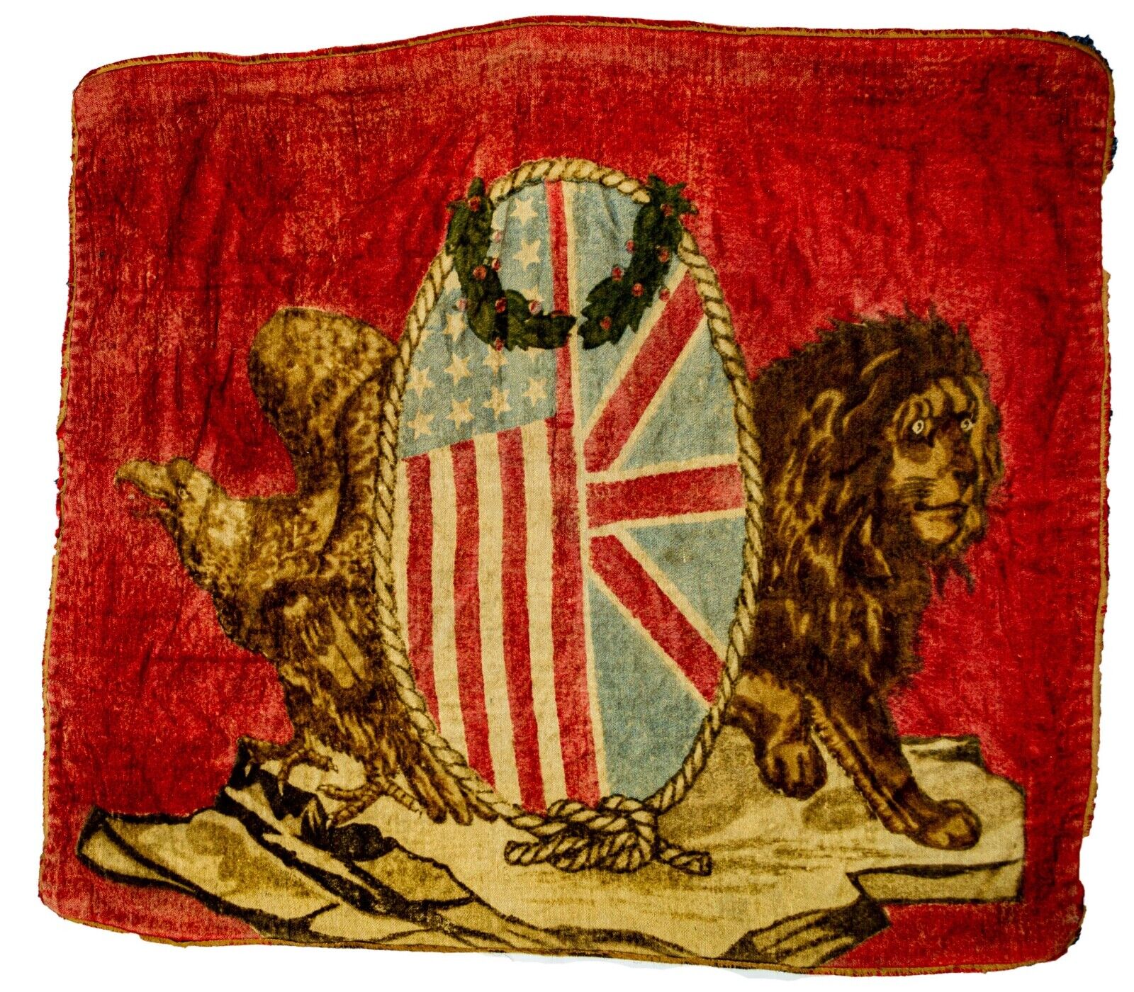 RARE 1910's USA & Great Britain, Eagle/Lion Split Crest Tapestry w/Weighted Crns