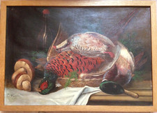 CHASSE GASTRONOMIE CANARD & FAISAN E. WAGNER  XIXe s. HUILE ORIGINALE ENCADREE