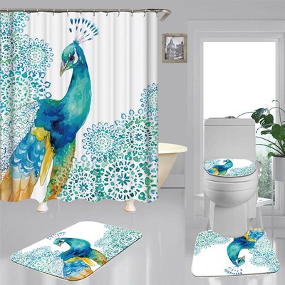 Blue Peacock Art Shower Curtain Bath Mat Toilet Cover Rug Bathroom Decor Ebay