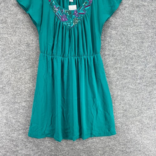 New H&M Sundress Women 14 Green Midi Sequin Round Neck Short Sleeve Casual - Picture 4 of 10