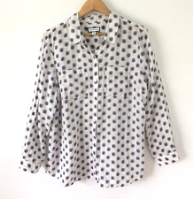 Charter Club Top Sz XL Women’s White Blue Printed 100% Linen Roll Tab Relaxed