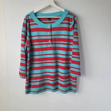 Talbots womens Teal Blue Red Striped Henley Button Top size 2X 3/4 sleeve Preppy