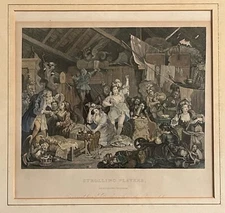 (( RARE )) WILLIAM HOGARTH HAND-COLORED 1738 ENGRAVING - ‘STROLLING PLAYERS’
