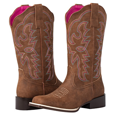 SheSole Women Wide Square Toe Cowgirl Western Riding Cowboy Boots Mid Calf Brown