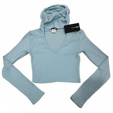 FashionNova Ribbed V-Neck Cropped Sweater Hood S Light Blue Stretch
