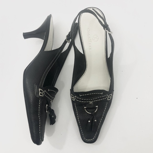 black leather slingback kitten heels