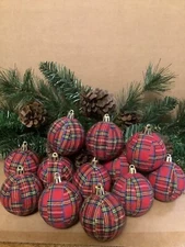 12 Red Tartan Plaid 2.5” Rustic Farmhouse Handmade Christmas Tree Ornaments, New