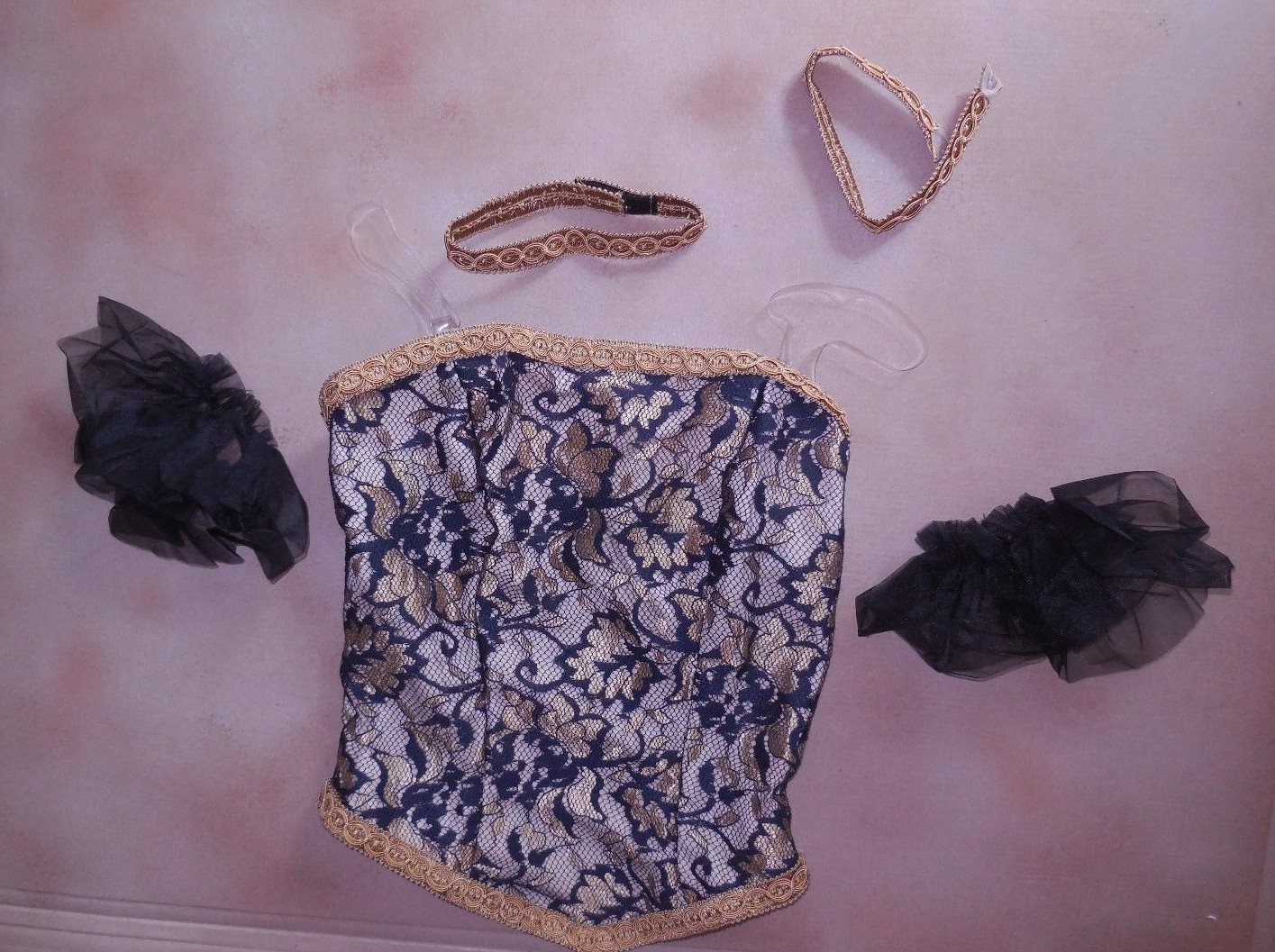 NWT Antique Gold Black Ballet Basque Lacefront spandex bk w/sleeves choker 