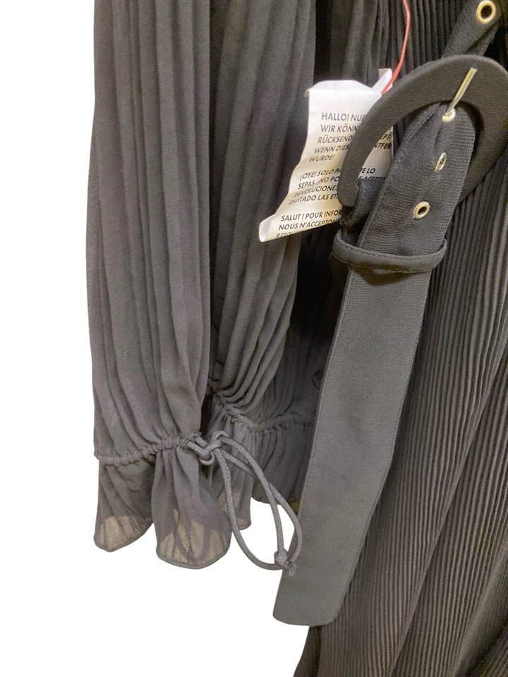 Vestido de diseño ASOS 18 negro plisado halter cinturón en V maxi botón gótico bruja Foto 3 de 4