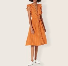 ASTR THE LABEL LINEN Blend Saturate Dress Midi Button Down Papaya Stripe Size XS
