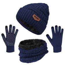 3-Pieces Winter Beanie Hat Scarf and Touch Screen Gloves Blue hat Scarf Gloves
