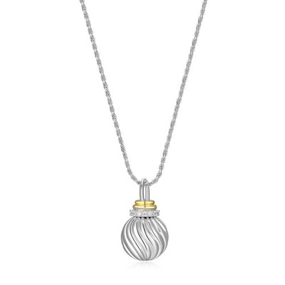 17''+2'' Two-Tone Sterling Silver Fluted Ball CZ Pendant Necklace Charles Garnier