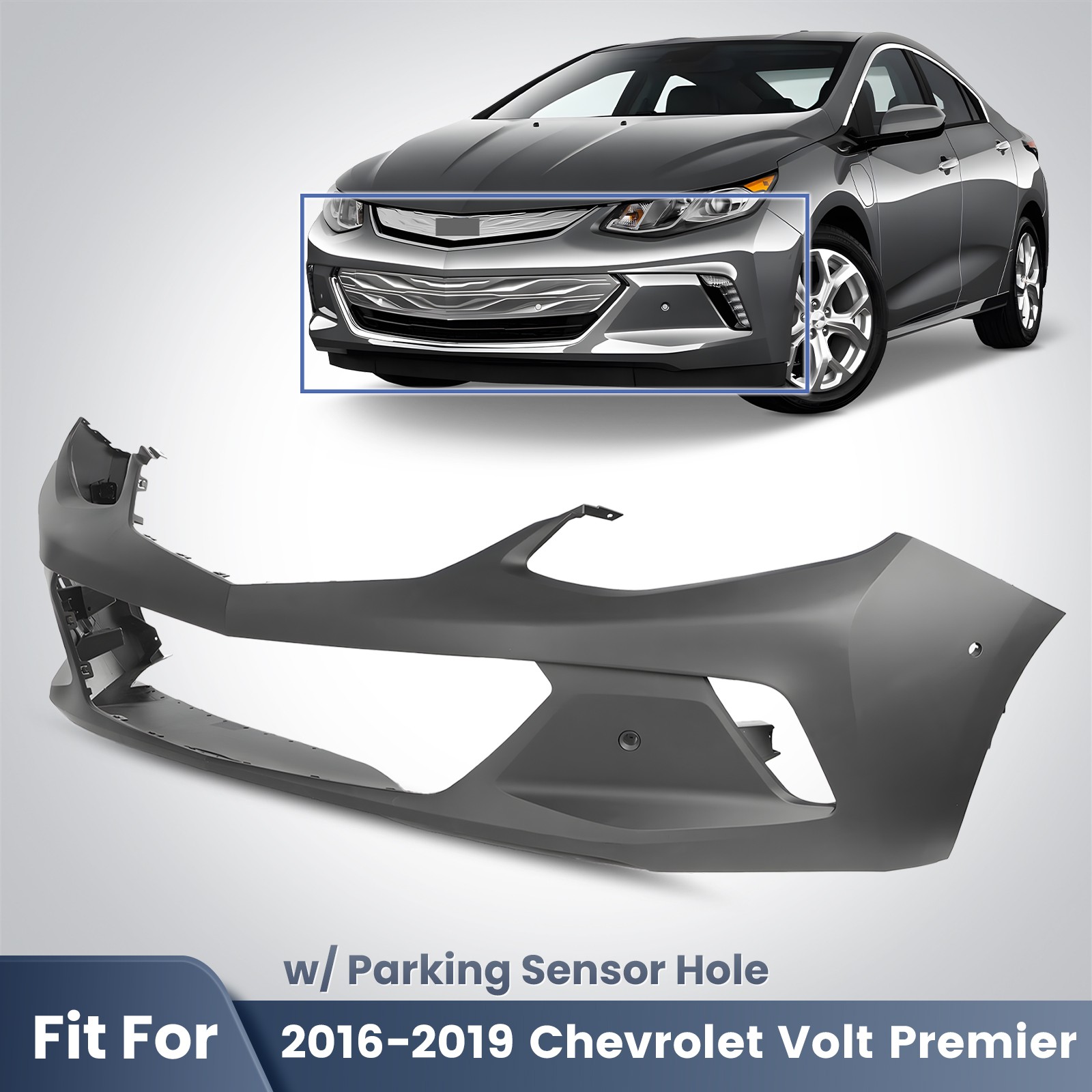 Front Bumper Cover For 2016 2017 2018 2019 Chevy Volt Premier w/ Sensor Holes