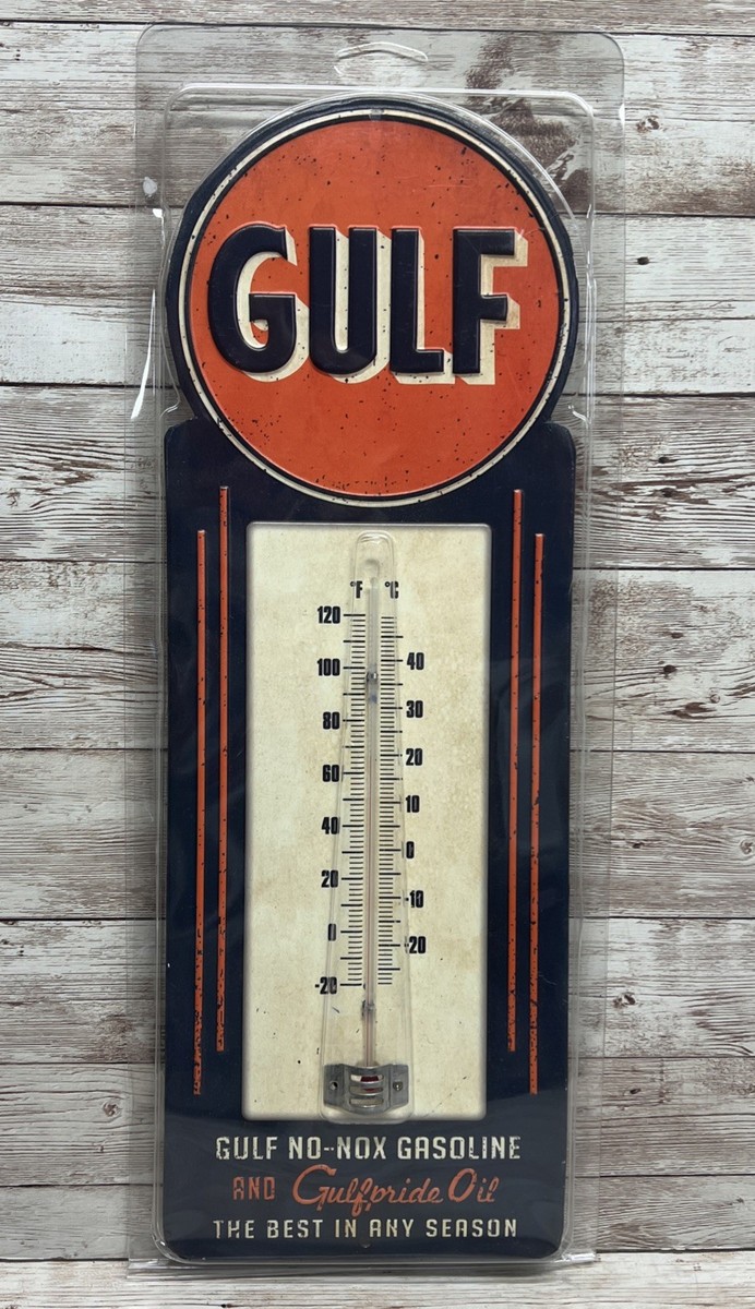 Gulf gasoline Thermometer Vintage look, embossed steel,works,gas