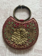 Vintage Coin Embellished Beaded Ring Handle Handbag Moroccan Style Boho Burgundy