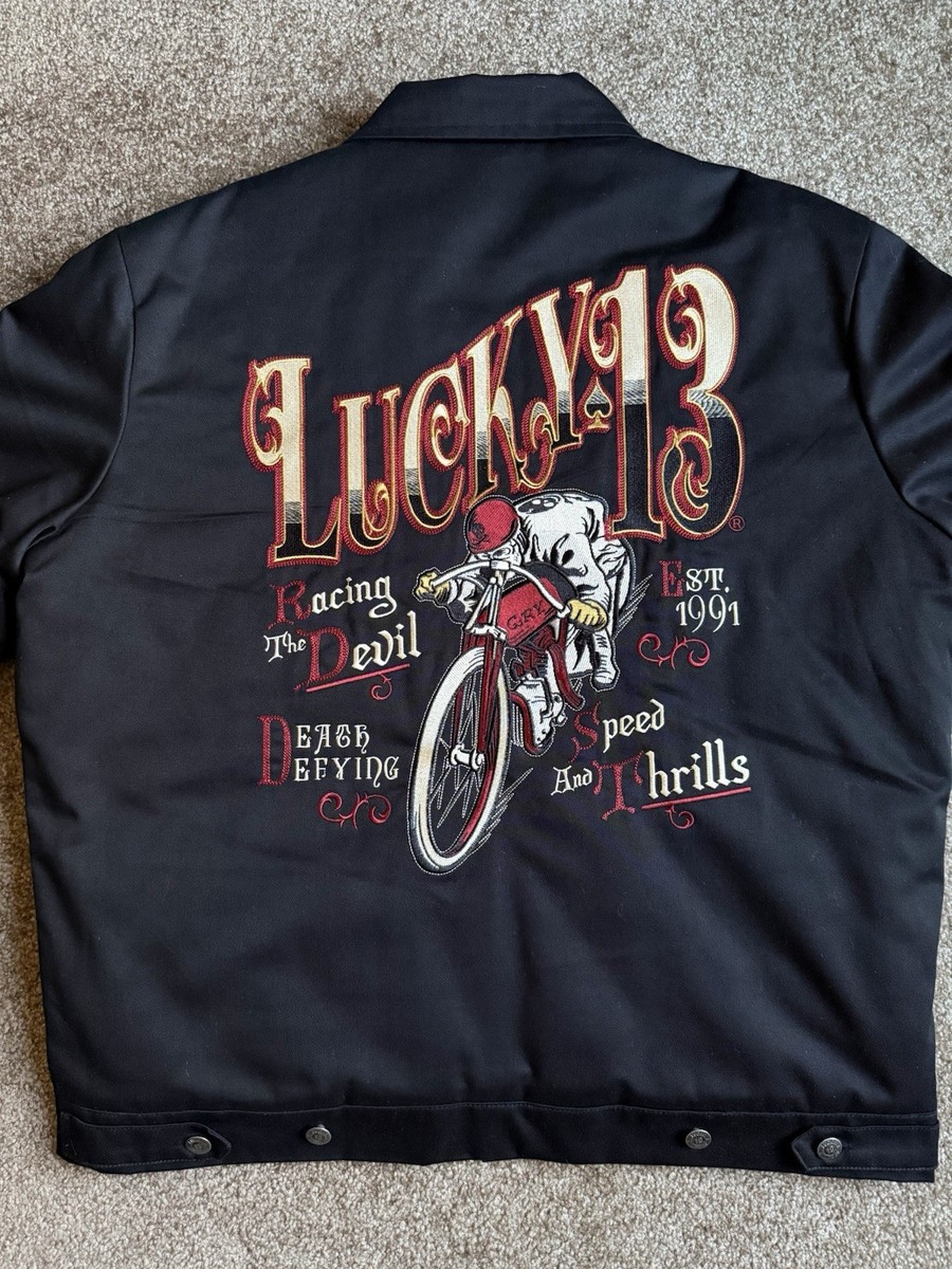 Lucky 13 Racing Devil Embroidered Motorcycle Bomber Jacket Black