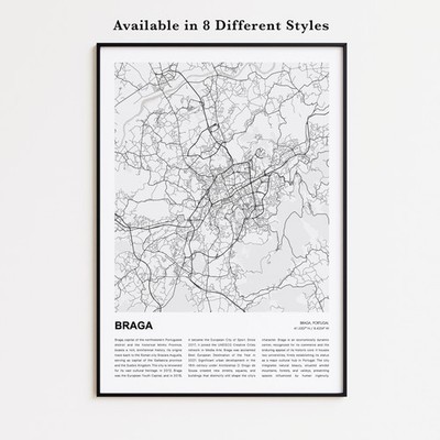 Braga City Map Print, Portugal Travel Poster, Modern Map, Wall Decor Art