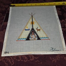 Vintage Needlepoint Canvas 10" Square Indian in Teepee New