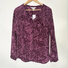 Christopher & Banks Blouse Purple Floral Print Button Up Long Sleeve Women M NWT