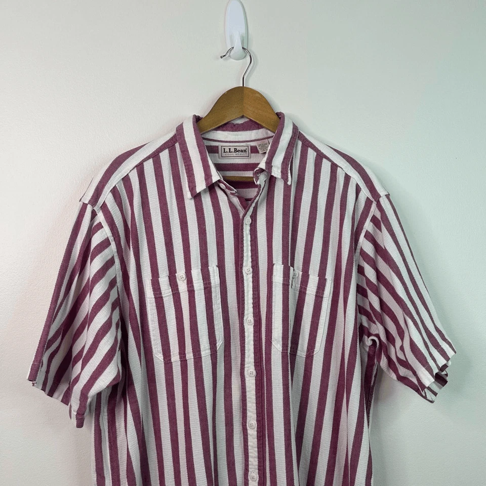 VTG L.L. Bean Cool Weave Shirt Men’s XL Tall Burgundy White Stripe 100% Cotton - Image 2 of 4